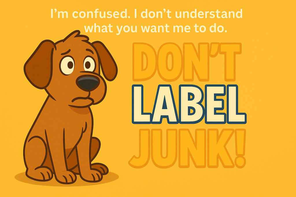 Cartoon dog and the words, "don't label junk"